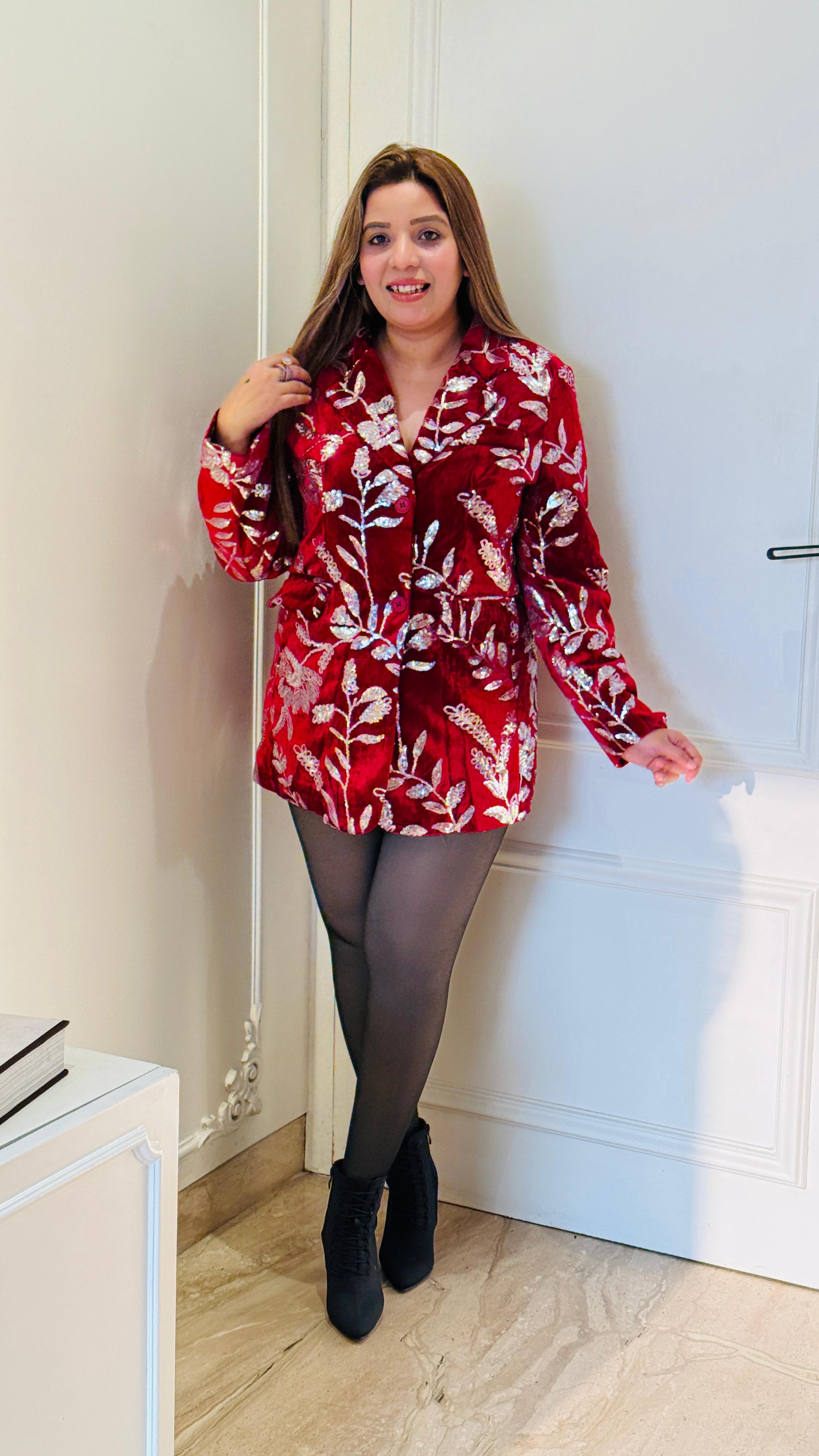 Red Imported Party Wear Velvet Sequin Long Coat Blazer